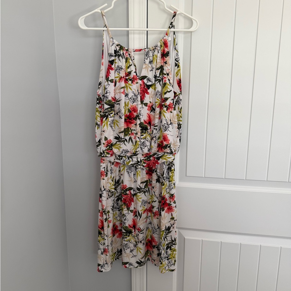 White House Black Market White Floral Midi Dress with Pink & Green Accents